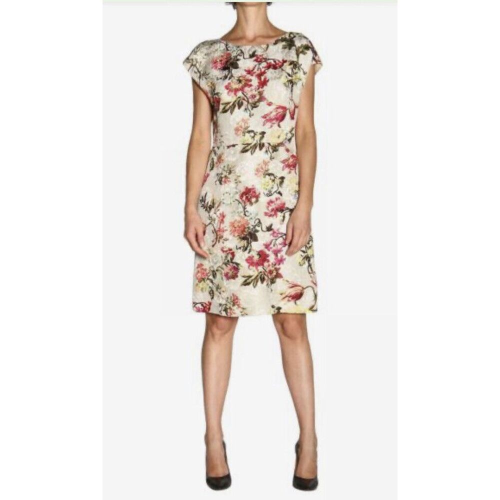 Etro‎ Womens 40 2 Short Sleeve Floral White Knee Length Lined Back V-Neck Dress